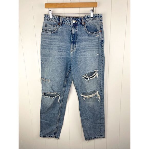ZARA Womens Jeans Blue‎ Denim Classic Mom Fit Distressed Straight Leg Size 12 - Picture 1 of 13